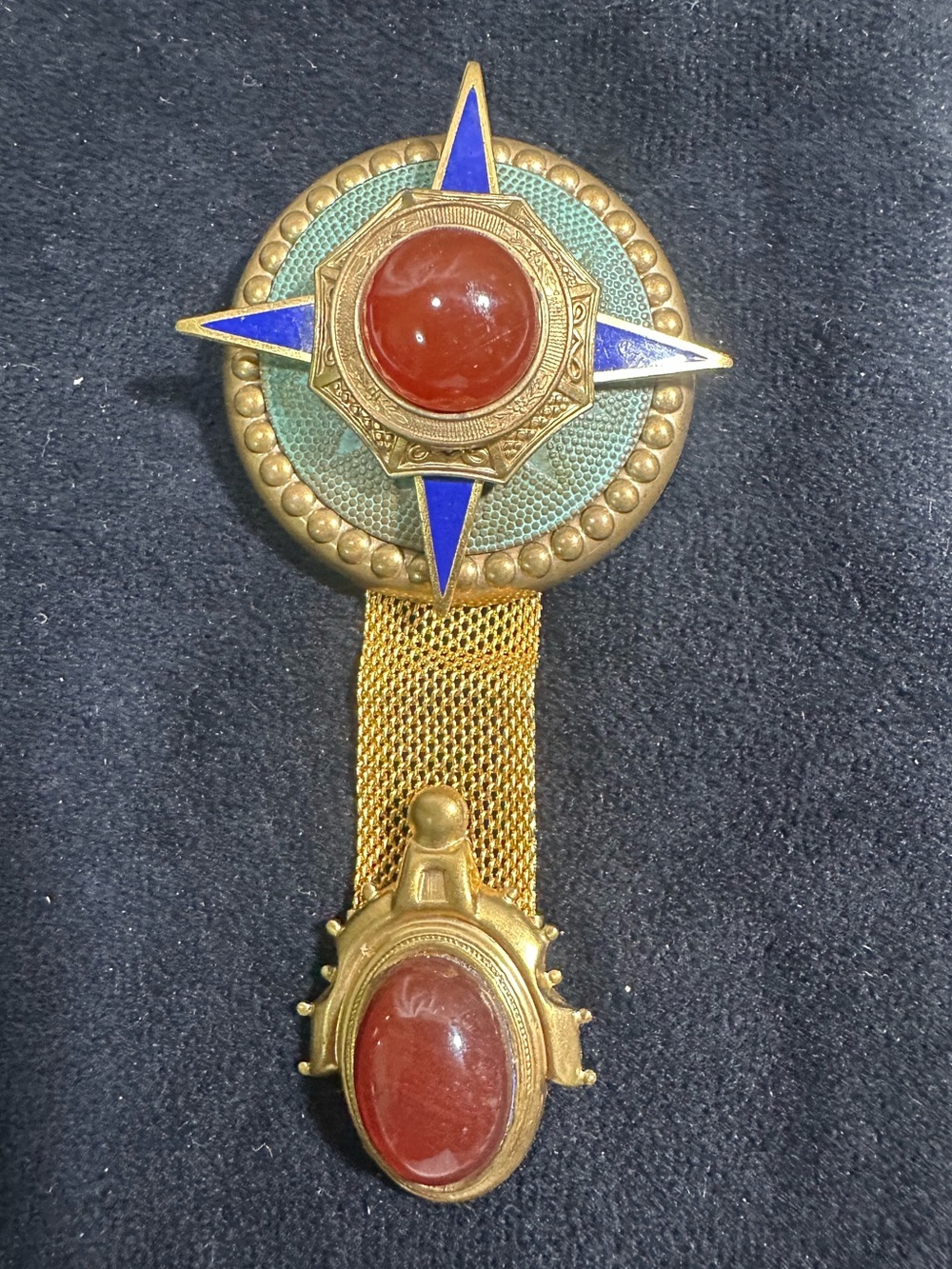 Vtg:1920’s Revival Glass Carnelian Enameled Star Gilt Brass Accent Brooch